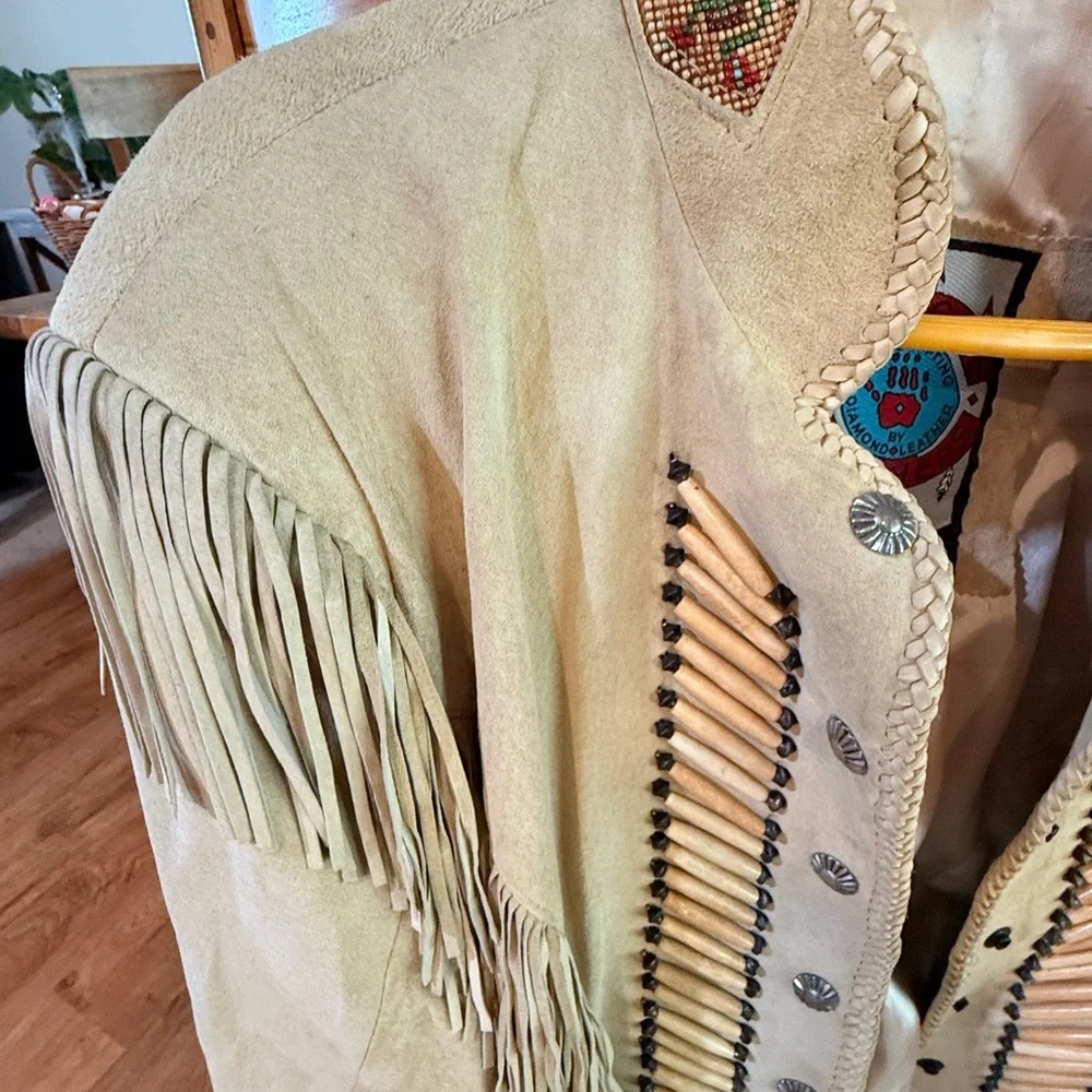 Beige Fringed Leather Jacket - Picture 2 of 9